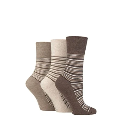 Image of Women&#039;s 3 Pair Gentle Grip Cotton Patterned and Striped Socks Varied Stripe Brown / Neutral 4 8 Ladies