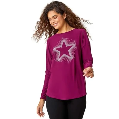Image of Roman Womens Embellished Star Print Stretch Top Pink Size 12 UK