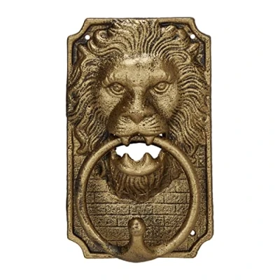 Image of Relaxdays Door Knocker Lion, Cast Iron, Vintage Bell, HxWxD: 19.5 x 12 6 cm, Animal Head Design, Decorative Ring, Gold
