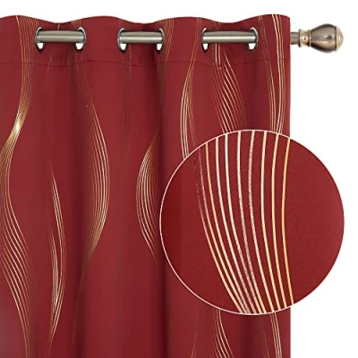 Image of Deconovo Blackout Eyelet Curtains Thermal Insulated Gold Wave Line Foil Printed for Bedroom 46x90 Inch Red 2 Panels