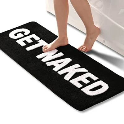 Image of QJHOMO Get Naked Bath Mat Black and White Bathroom Mats 45 x 120 cm, Non Slip for Bathroom, Colourful Letters Soft Microfiber mat, Machine Washable Rug