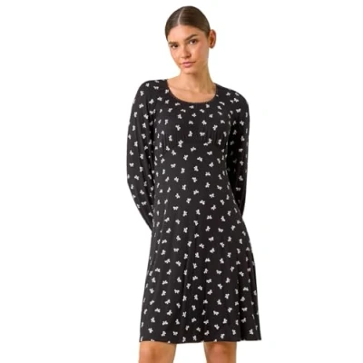 Image of Roman Originals Women Gathered Chest Dress Ladies Stretchy Fit &amp; Flare Swing Tea A Line Skater Knee Length Midi Smart Casual Work Round Neck Going Out Cocktail Party Noir Blanc Size 18