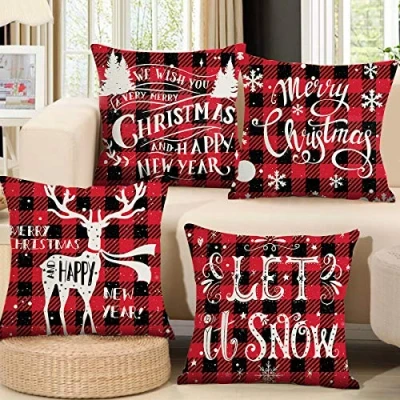 Image of Christmas Cushion Covers Set of 4 Red Black Tartan 18x18, Linen Square Pillowcase for Sofa Car Home Decor Xmas Design Decorations