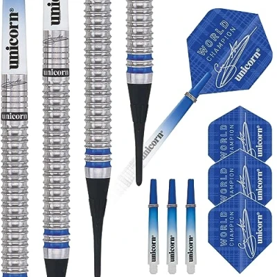 Image of Unicorn Soft Tip Darts Set Gary &#039;The Flying Scotsman&#039; Anderson Phase 3 World Champion 90% Natural Tungsten Barrels with Blue Accents 18 g