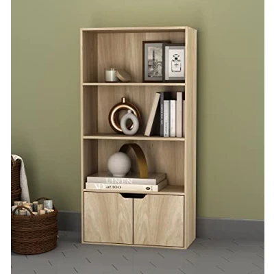 Image of URBNLIVING 4 Tier Wide Wooden Bookcase Cupboard with 2 Doors Storage Shelving Display Shelf Cabinet Unit (Oak Oak Doors)