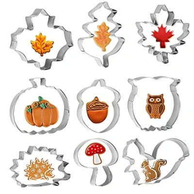 Image of WEDNOK 9pcs Autumn Cookie Cutters Thanksgiving Day Cutter Leaves Biscuit Stainless Steel DIY with Maple Leaf Oak Squirrel Acorn Hedgehog Pumpkin for Fondant