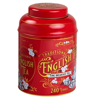 Image of New English Teas Vintage Victorian Tea Caddy in Red with 240 Fine Breakfast Teabags