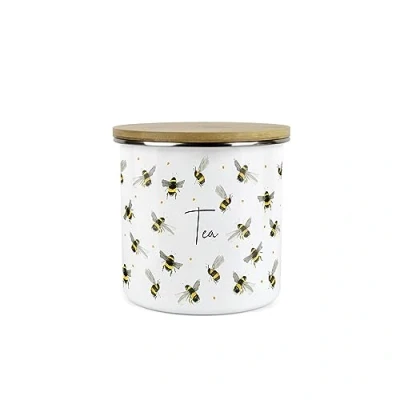 Image of Purely Home Scattered Bees Tea Canister White Metal Enamel Kitchen Medium Sized Food Storage Container
