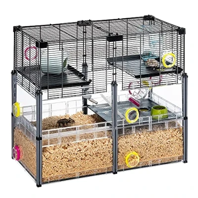 Image of Ferplast MULTIPLA Hamster CRYSTAL Cage Customizable Multi Level Design, Tunnel System, Exercise Wheel &amp; Accessories Interactive Transparent Base Tubes Connect&amp;Play 72.5x37.5xh62cm