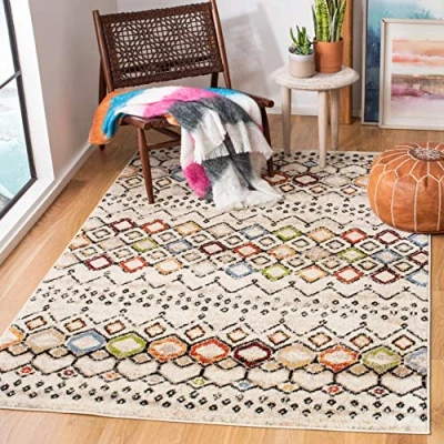 Image of SAFAVIEH Boho Chic Rug for Living Room, Dining Bedroom Amsterdam Collection, Short Pile, in Ivory and Multi, 155 X 229 cm