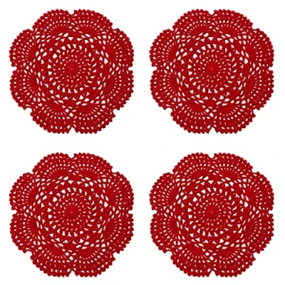 Image of Phantomon 8 Inch Doilies Crochet Round Lace Doily Handmade Placemats 100% Cotton Crocheted Coasters, Pack of 4 (Red)