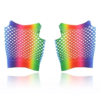 Image of AKH® Rainbow Short Fishnet Gloves One Size Women Fingerless Stretchy Colored Wrist for 80s Costume Evening Party Supplies Fancy Dress Tutu Accessories