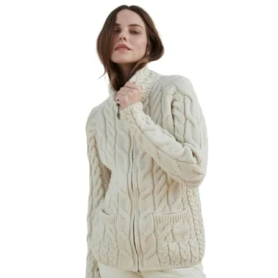 Image of Aran Woollen Mills Irish Shaped Zipper Wool Cardigan with Mock Turtleneck (Natural, Medium)