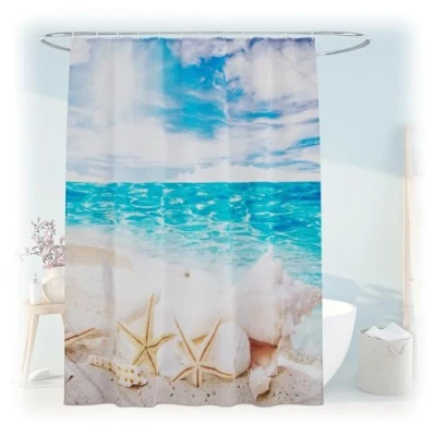 Image of Relaxdays Shower Curtain, Seashells, 180 x 200 cm, Mould Resistant, Washable, 12 Rings, for Bathtub, Multicoloured, Polyester