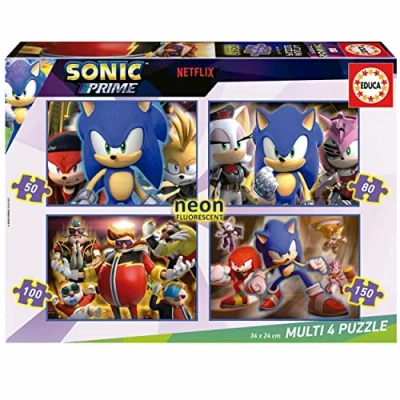 Image of EDUCA BORRAS 19631 Multi 4 Puzzles Sonic Prime 50+80+100+150 Neon, Assorted, 34 x 24 cm