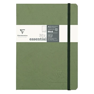 Image of Clairefontaine Ref 793433C Age Bag Thread Bound Notebook (192 Pages) A5 Size, Dot Rulings, 90gsm Brushed Vellum Paper, Elastic Closure Green Cover