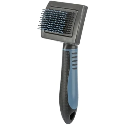 Image of TRIXIE soft brush with plastic bristles knobs rubberised handle for top coat and undercoat 7 x 16 cm black/blue 24141