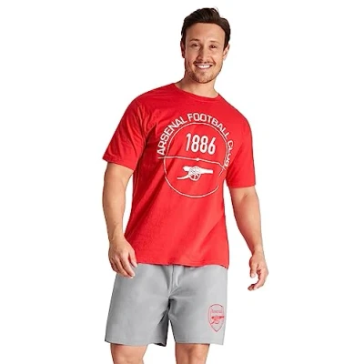 Image of Arsenal F.C. Mens Short Pyjamas Set, Cotton Lounge Wear Gifts for Men (Red/Grey, S)