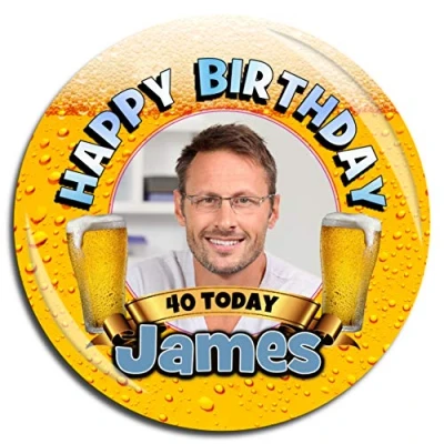 Image of Ivesion Large 75mm Personalised Beer Lager Happy Birthday Photo Badge N75 18th 21st 30th 40th 50th Any Age