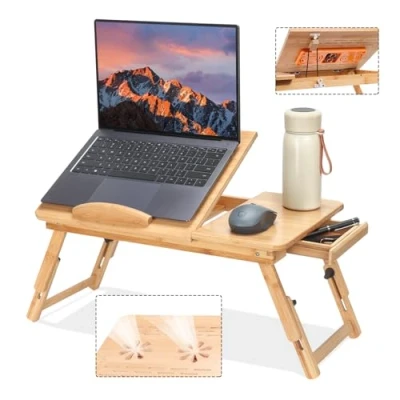 Image of Adjustable Bamboo Laptop Desk with Cooling Fan, Foldable Bed Tray for Breakfast, Writing, and Drawing, Tilting Top Drawer, Portable Lap Bed, Sofa, Floor. (bamboo)