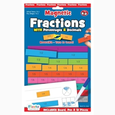 Image of Fractions Resources for Children by Fiesta Crafts Double Sided Magnetic with Decimals &amp; Percentages Learning Maths Board, Dry Wipe Pen 51 Tiles Educational Gift