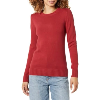 Image of Amazon Essentials Women&#039;s 100% Cotton Crewneck Sweater (Available in Plus Size), Dark Red, XS