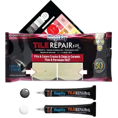 Image of MagicEzy Tile RepairEzy (Grey/White Kit) Porcelain Repair Kit Fix Cracked or Chipped Ceramic Tiles Fast Thick Structural Filler, Putty and Adhesive for