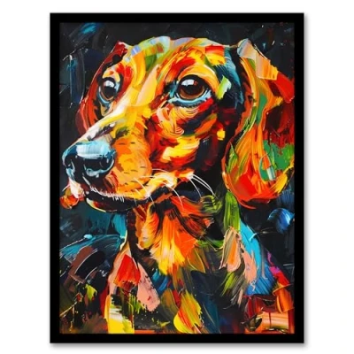 Image of Artery8 Dachshund Sausage Dog Lover Vibrant Portrait Living Room Artwork Framed Wall Art Print 18X24 Inch