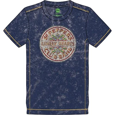 Image of The Beatles T Shirt SGT Pepper Drum Band Logo Official Mens Navy Blue Snow Wash XXL