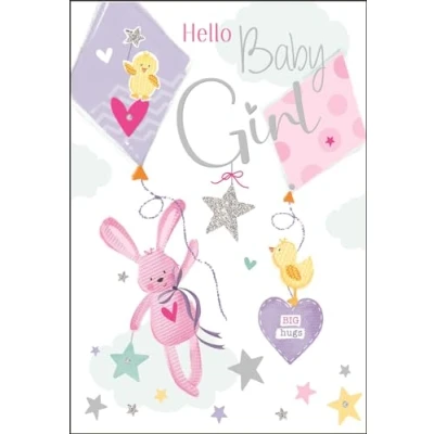 Image of New Baby Girl Birth Congratulations Card Hello Bunny Rabbit Design Special Finishes and Illustrated Insert Leaf Made in the UK