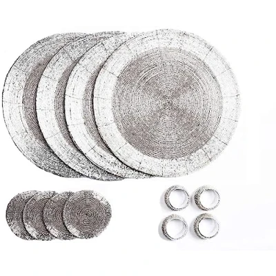 Image of Penguin Home Handcrafted Glass Beaded Round Placemats, Coasters &amp; Napkin Rings Set of 12 Handmade Table Place Mats for Dining 32 cm (13&quot;) Diameter (Silver)