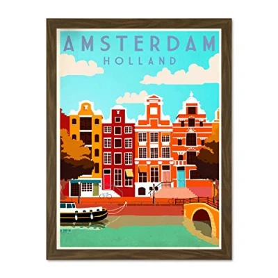 Image of Wee Blue Coo Travel Tourism Amsterdam Holl Netherlands Canal Bridge Boat Houses Large Framed Art Print Poster Wall Decor 18x24 inch