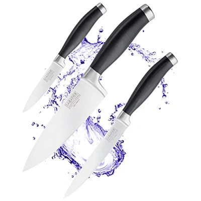 Image of Sabatier Professional Kitchen Knife Set 3pc,15cm/6&quot; Chefs, 12cm/5&#039;&#039; All Purpose and 9cm/3.5&#039;&#039; Paring Knives. Stainless Steel Blade, Matt Black Rubberised Handle. Lifetime Performance 25yr Guarantee