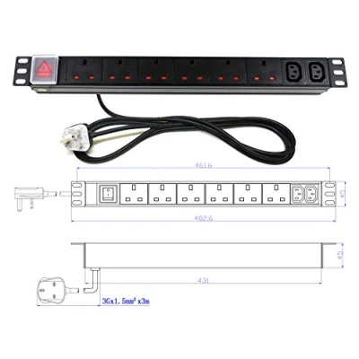Image of 19&quot; 8 Way Power Distribution Unit (6x UK &amp; 2x IEC C13) Extension PDU Data Rack