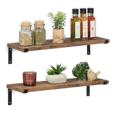 Image of Relaxdays 2X Industrial Wall Racks, Hanging Storage Shelves, HWD: 9.5 x 48 15.5 cm, Metal &amp; Wood Look, Brown/Black, Engineered