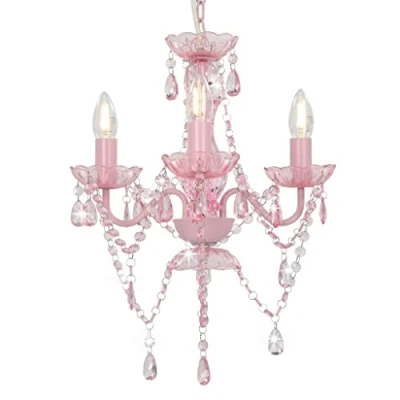 Image of vidaXL Chandelier with Pink Glittering Beads Round 3 Light Hanging Lamp Metal Base Perfect for Living Room, or Hallway Requires E14 Bulbs