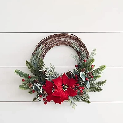 Image of Lights4fun 60cm Artificial Red Poinsettia &amp; Berry Christmas Wreath Decoration for Front Door or Indoor Wall