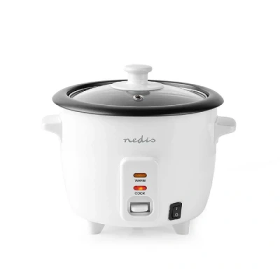 Image of Nedis Electric Rice Cooker &amp; Steamer with Glass Lid, Non Stick Cooking Pot and Insert, 300W, 0.6L Capacity, White