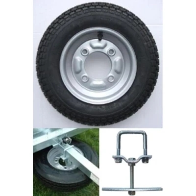 Image of 3.50 x 8 inch trailer WHEEL and tyre with 4 ply 115mm PCD. To fit trailers Erde 102 &amp; Maypole 6810 complete SPARE CARRIER Pt no. LMX1752 PLEASE CHECK YOUR PCD