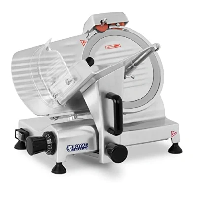 Image of Royal Catering Electric Food Slicer Commercial Cheese Meat Cutting Machine Cutter Up to 12mm RCAM 250PRO (180W, Polished Anodised Aluminium, Blade Diameter 250mm, Thickness 0 12mm)
