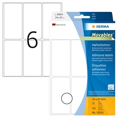 Image of HERMA Removable Labels, 6 Labels per Sheet, 24 Sheets, 34 x 67 mm, 144 Self Adhesive Large Stickers, Blank Sticky Multi Purpose for Office Kitchen Home, White