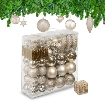 Image of Christmas Bauble Set of 110, Glittery, Matt &amp; Shiny Ornaments, Plastic Xmas Tree Balls, HxD: 9 x 8 cm, Relaxdays