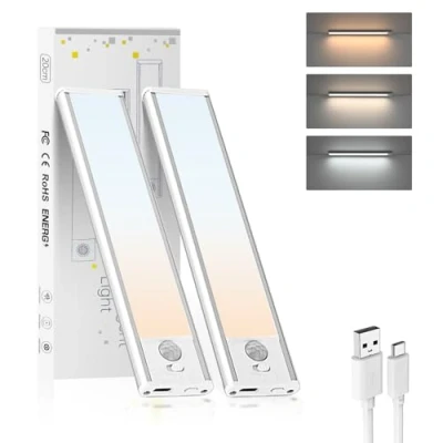 Image of Moman Under Cabinet Kitchen Lights, 20CM/2Pack Motion Sensor Lights Indoor Dimmable with 2 Modes/3 Color Temps USB Charging LED for Cupboard Wardrobe, Light