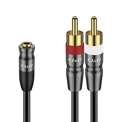 Image of J&amp;D 3.5 mm to Dual RCA Audio Cable, Gold Plated Copper Shell Heavy Duty 3.5mm Female 2 Male Stereo Adapter Cable Cord, 0.3 Meter