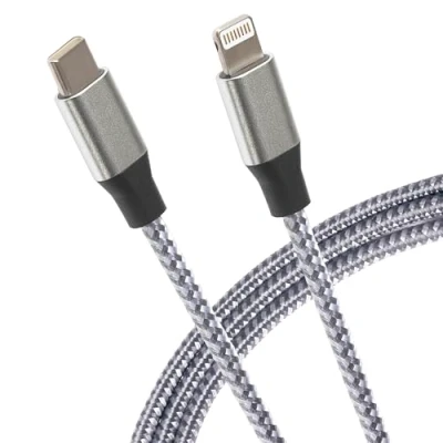 Image of Maplin Braided Lightning to USB C Cable Silver, 2m, Super Fast Charging 20W Power Delivery, for all iPhones 14, 13, 12, 11, SE, iPad Air/Mini, iPad, Airpods