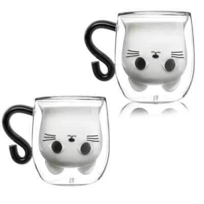 Image of Cute Cat Mugs Set of 2 , Double Wall Glass Tea Cup, Coffee Mug, with Handle 9.5oz Milk Cup Insulated Espresso Cups Gift for Personal Birthday Valentine&#039;s Day and Office