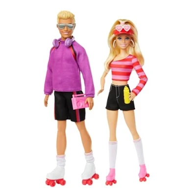 Image of Barbie Fashionistas Set with 2 Fashion Dolls &amp; 6 Accessories, Ken Roller Skating Dolls, 65th Anniversary Collectible, HXK90