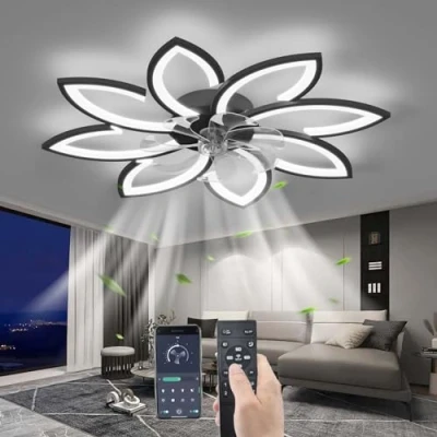 Image of YUNZI Mute Ceiling Fan with Light Remote Control, LED Dimmable Lamp, Modern Lighting for Living Room Bedroom Office, Adjustable 6 Speeds, White 90CM