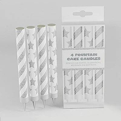 Image of Pack of 4 12cm Ice Fountain Cake Candles Silver &amp; White Topper Decorations Sparkling Candle Fountains