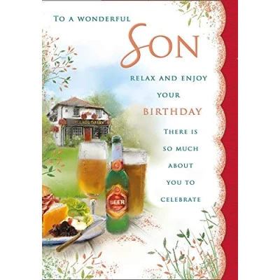 Image of Piccadilly Greetings Regal Publishing Birthday Card Son 10 x 7 inches, greengreywhiteorangeyellow